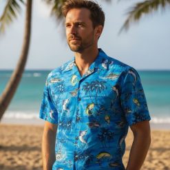 Fish print shirt collection showing multiple colorful designs