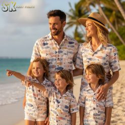 Fish print shirts collection showing multiple color variations of Hawaiian style tropical shirts with fish patterns