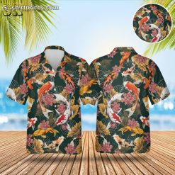 Fish print shirts featuring vibrant koi fish and tropical flowers on dark background