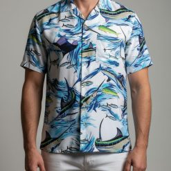 Fish print shirts with ocean themed design in Hawaiian casual style