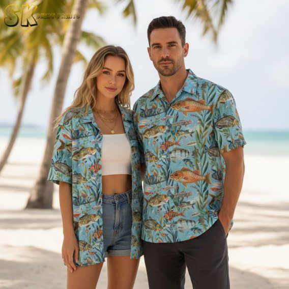 Fishing Hawaiian shirt with angler and fishing rod print design for fishermen