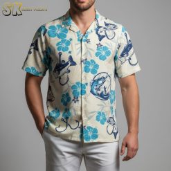 Fishing Hawaiian shirt with blue tropical fish and boat scenes design