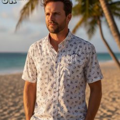 Fishing Hawaiian shirt collection showing various fishing-themed designs and color options