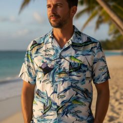 Fishing Hawaiian shirt collection showing various styles and colors for anglers