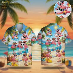 Flamingo aloha shirt with tropical paradise print featuring pink flamingos on vibrant Hawaiian background