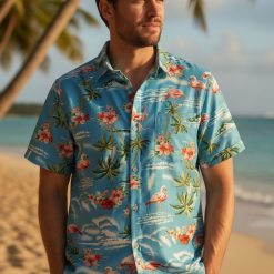 Collection display showing multiple flamingo Hawaiian shirt designs for women side by side