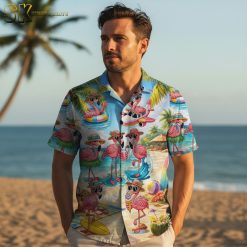 Flamingo beach shirt collection displaying various color options and styles with pink flamingo designs