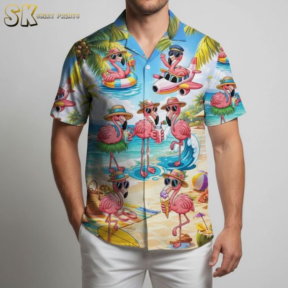 Flamingo Hawaiian shirt in casual button down style with pink flamingo pattern and tropical leaves