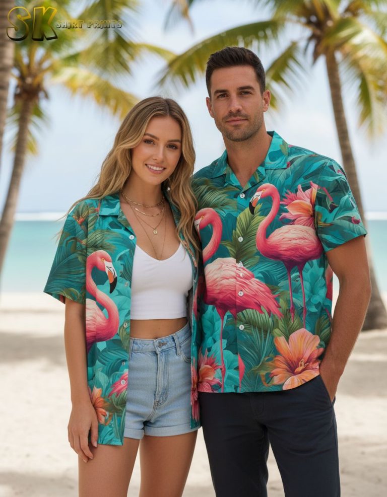 Big and Tall Flamingo Hawaiian Shirt – Pink Tropical Print Button Down Short Sleeve Aloha Shirt for Men