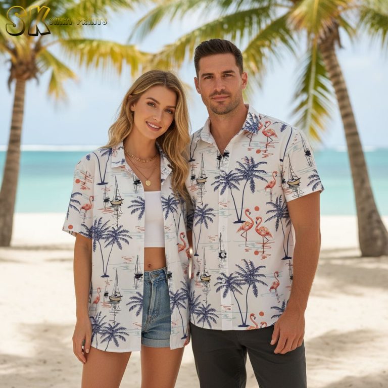 Mens Flamingo Hawaiian Shirt – Tropical Pink Flamingo Button Down Beach Shirt Short Sleeve