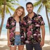 Womens flamingo Hawaiian shirt with pink flamingos and tropical botanical design