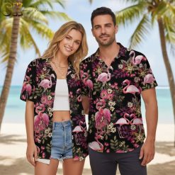 Womens flamingo Hawaiian shirt with pink flamingos and tropical botanical design