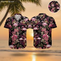 Flamingo Hawaiian shirts with pink flamingos and tropical flowers on dark background
