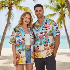 Flamingo print shirt showcasing detailed pink flamingo artwork with tropical summer beach theme