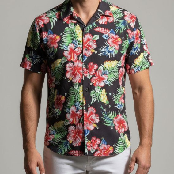 Female model in bright floral Aloha shirt, casual summer outdoor lifestyle pose with tropical backdrop