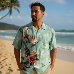 Floral beach shirt collection showing multiple tropical paradise print designs