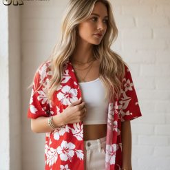 Floral Hawaiian shirt size chart showing measurements and fit specifications for all sizes