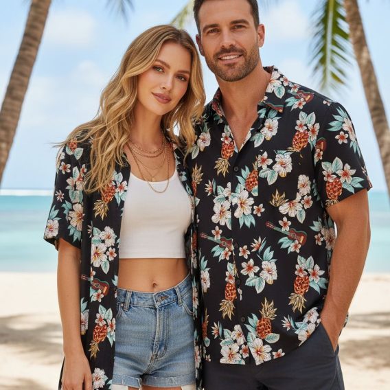 Floral shirt Hawaiian style with vacation-ready tropical print design and button down collar