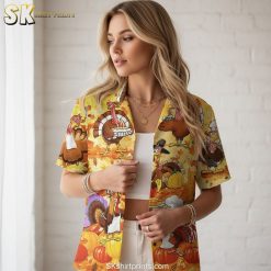 Size chart infographic showing measurements and fabric details for funny Hawaiian shirts with feature callouts