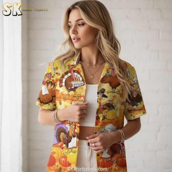 Size chart infographic showing measurements and fabric details for funny Hawaiian shirts with feature callouts