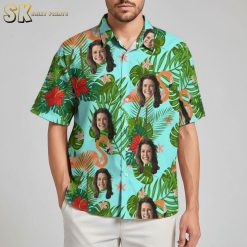 Male model in relaxed pose wearing humorous Hawaiian shirt in casual outdoor lifestyle setting