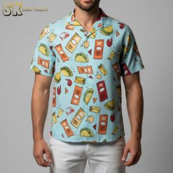 Person in humorous Hawaiian shirt posing in tropical vacation lifestyle scene