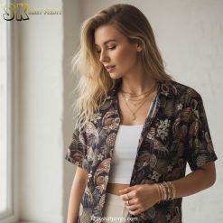 Funny animals beach shirt size chart and specifications showing flamingo design details