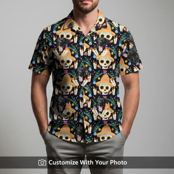 Man in funny Halloween Hawaiian shirt with Day of the Dead black dogs design