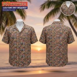 Male model wearing humorous tropical print Aloha shirt in relaxed outdoor setting