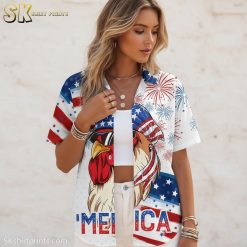 Size chart infographic showing funny Hawaiian shirt measurements, fabric details and feature callouts