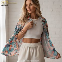 Size chart and fabric details infographic showing funny Hawaiian shirt measurements, care instructions, and feature callouts