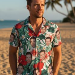 Multiple funny Hawaiian shirt designs displayed side by side showing various humorous tropical themes