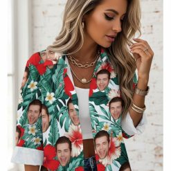 Size chart infographic showing measurements and fabric specifications for women's funny Hawaiian shirts