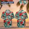 Woman wearing colorful funny Hawaiian shirt at beach setting with tropical palm tree background