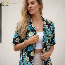 Size chart and fabric specifications infographic for funny tropical Aloha shirts