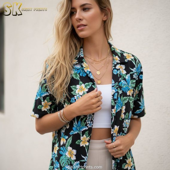 Size chart and fabric specifications infographic for funny tropical Aloha shirts