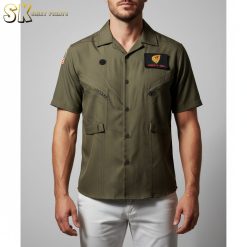 Lifestyle photo showing goose top gun Hawaiian shirt design worn by male model outdoors