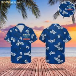 Grandpa Hawaiian shirt with tropical print design in blue featuring hibiscus flowers
