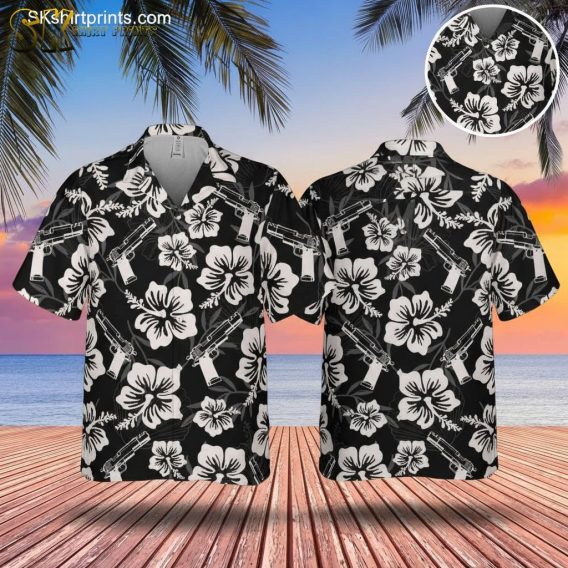 Gun Hawaiian shirt for men featuring tropical gun pattern on button down short sleeve beach shirt