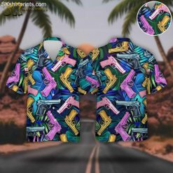 Gun Hawaiian shirt for men featuring tropical gun print design on short sleeve button down beach shirt