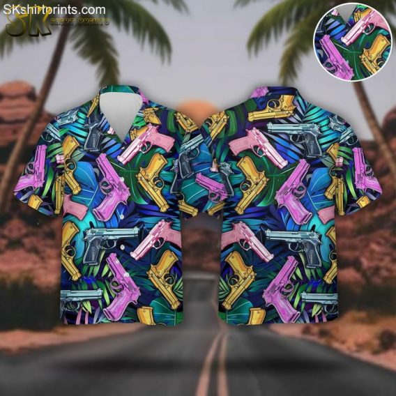 Gun Hawaiian shirt for men featuring tropical gun print design on short sleeve button down beach shirt