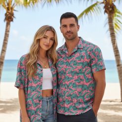 Gun Hawaiian shirts featuring detailed firearm prints on tropical background