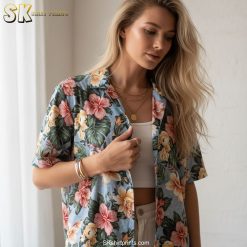 Gun Hawaiian shirts size specifications and measurement chart showing firearm-themed tropical print options