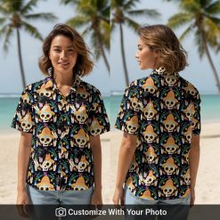 Woman at Halloween party wearing black Hawaiian shirt with dog sugar skull design