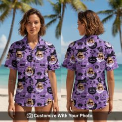 Womens Halloween Hawaiian shirt with black cat, purple and black colors, and pumpkins