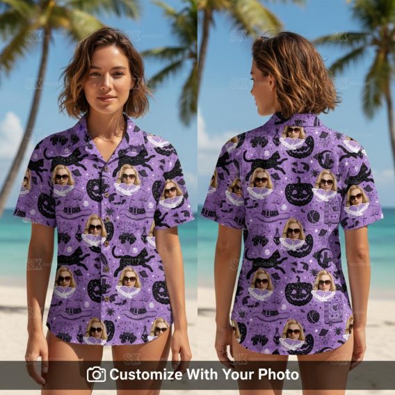 Womens Halloween Hawaiian shirt with black cat, purple and black colors, and pumpkins