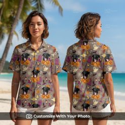 Woman wearing Halloween Hawaiian shirt with black dog, pumpkins, and ghosts pattern