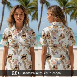 Woman wearing Halloween Hawaiian shirt with ghost, purple hat, rainbows and flowers