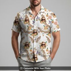 Man in unique Halloween Hawaiian shirt, ghost with purple hat, floral rainbow pattern