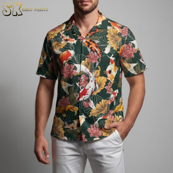 Men's Koi Fish Print Hawaiian Shirt Dark Blue Cotton Button Down Short Sleeve Beach Vacation Tropical